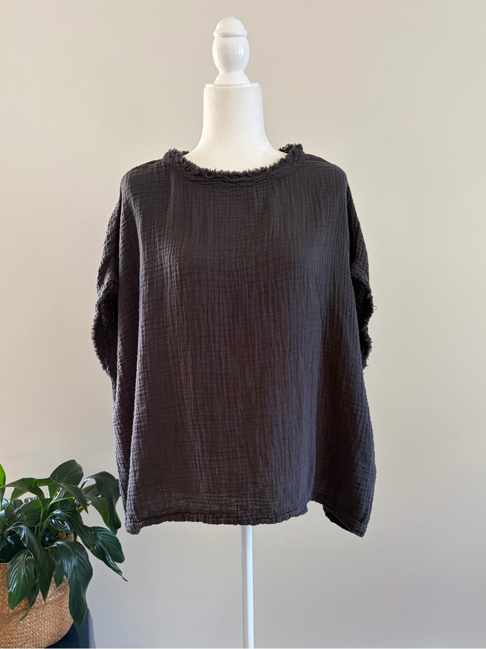 Black Crane Gray Gauze Relaxed Top